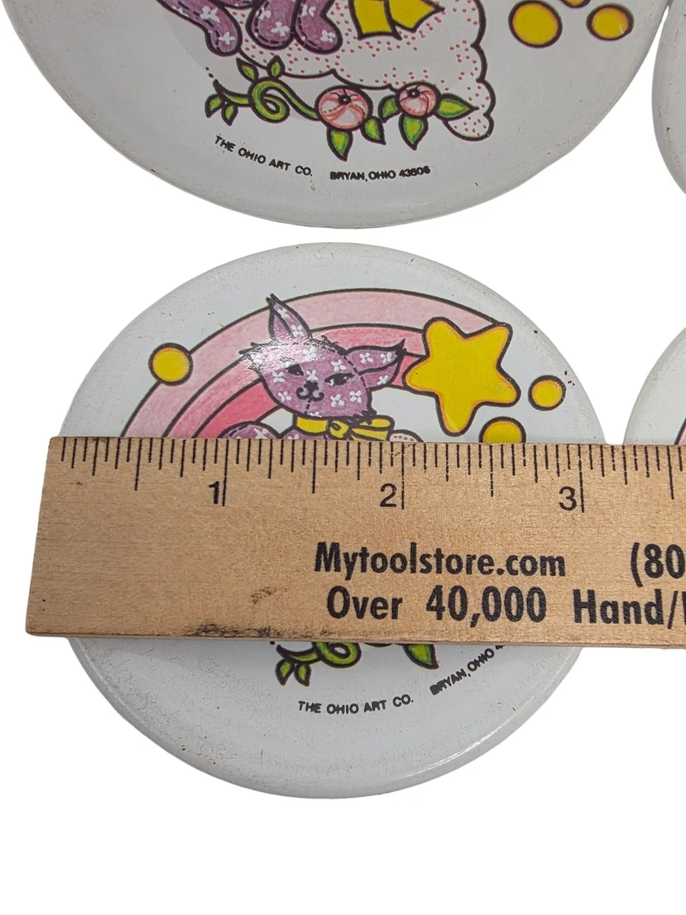 Vintage 1970s Sunnie Miss Pink Rainbow 8 Piece Tin Plate and Saucer Toy Set